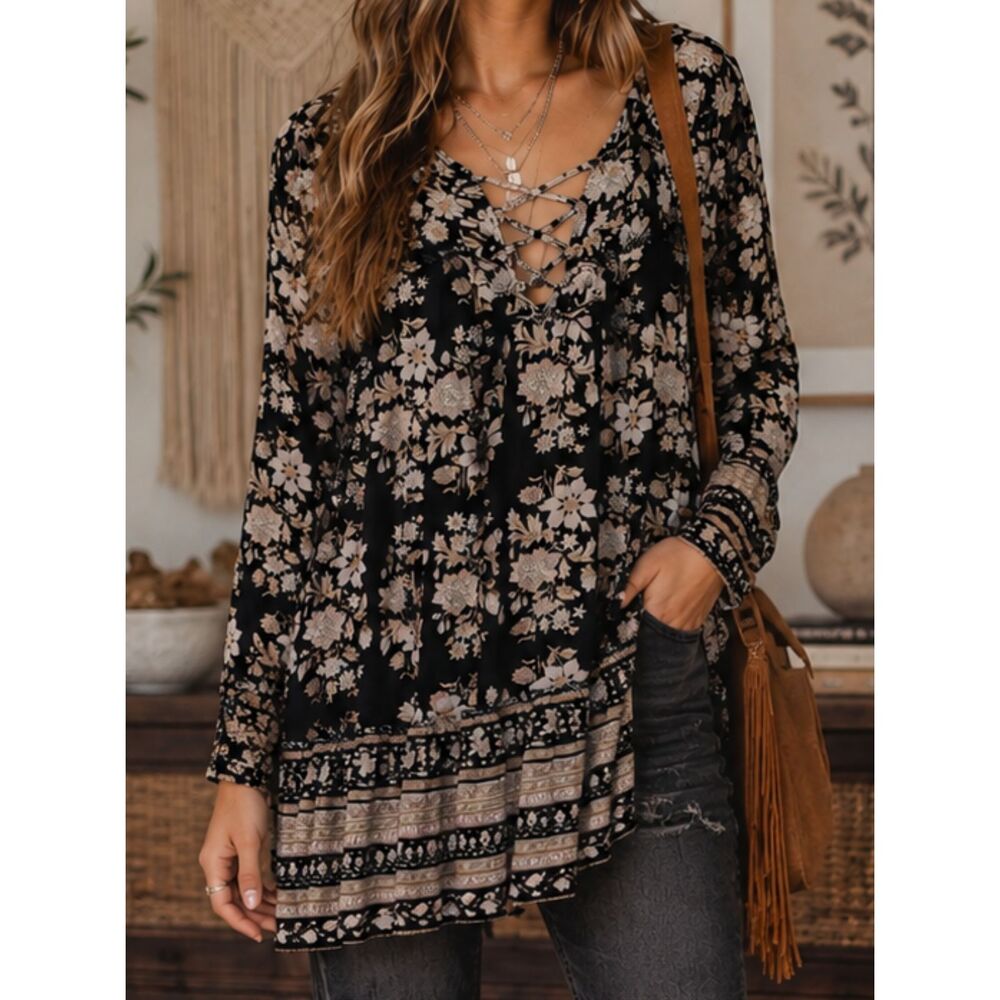 American Eagle XS Boho Floral Lace Up Bell Sleeve Peasant Blouse Black